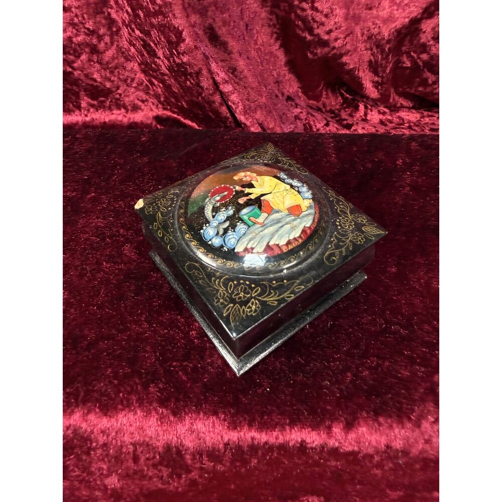 Vintage Lacquer Trinket Box Hinged Lid Man & Fish Fairytale Scene Russian Kholui